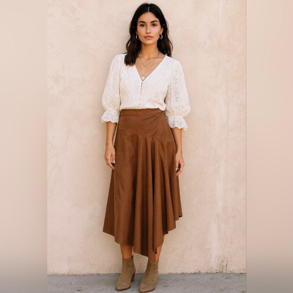 Soft Surroundings Faux Suede Skirt Asymmetrical Hem Brown Western Plus Size 3X